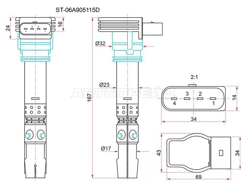 Катушка зажигания VAG A3 /A4 /A6 /OCTAVIA 97-10 /SUPERB 01-08 /BORA 00-05 /PASSAT 00-05 /POLO 1.8T (SAT: ST-06A905115D)