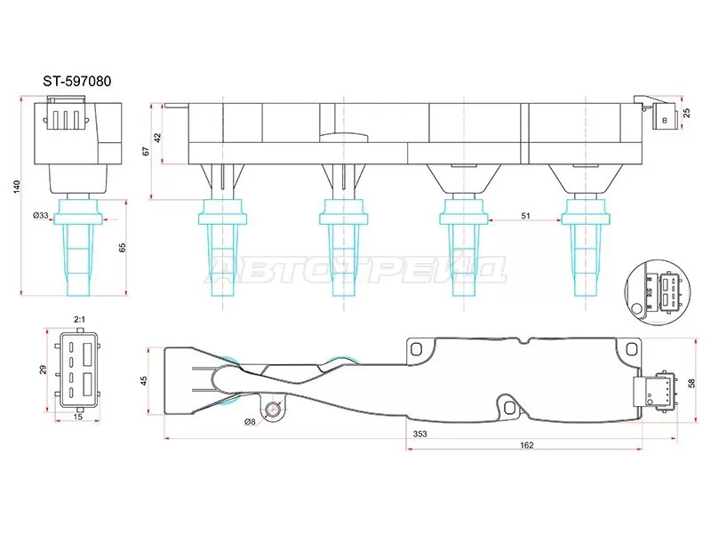 Катушка зажигания PEUGEOT 1007 05-10 /206 00-08 /207 06-12 /307 02-10 /CITROEN C3 00-09 /C4 04- (модуль) (SAT: ST-597080)