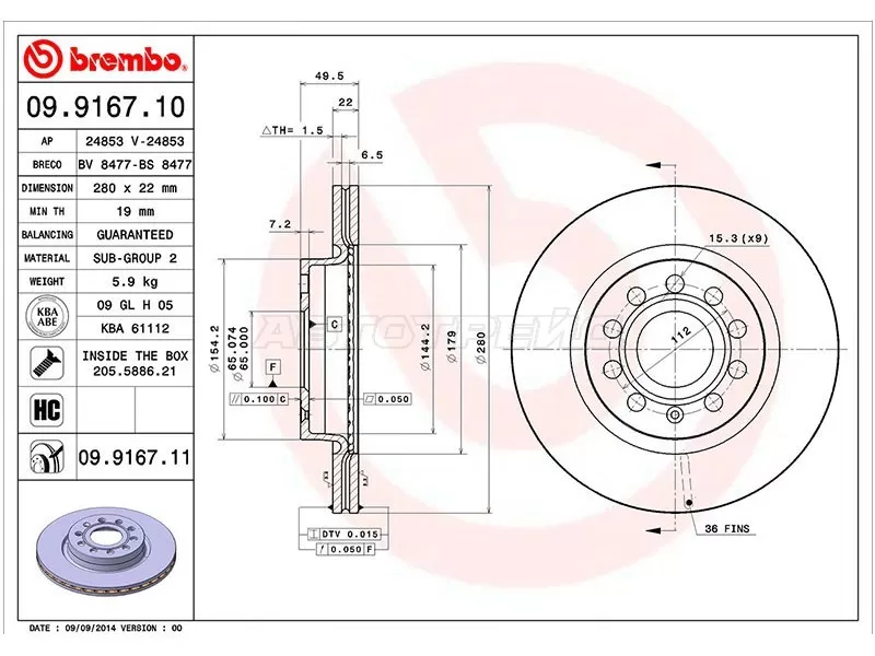 Диск тормозной (Спереди) Audi A3 03-13  / Skoda Octavia 04-13  / Volkswagen Golf 03-17  / Jetta 05-  / Audi S3 08-12  / SEAT Altea 04-15  / Leon 05-12  / Skoda Yeti 09-18  / Volkswagen Beetle 11-19  / Caddy 03-20  / Golf Plus 04-14 (BREMBO: 09.9167.11)