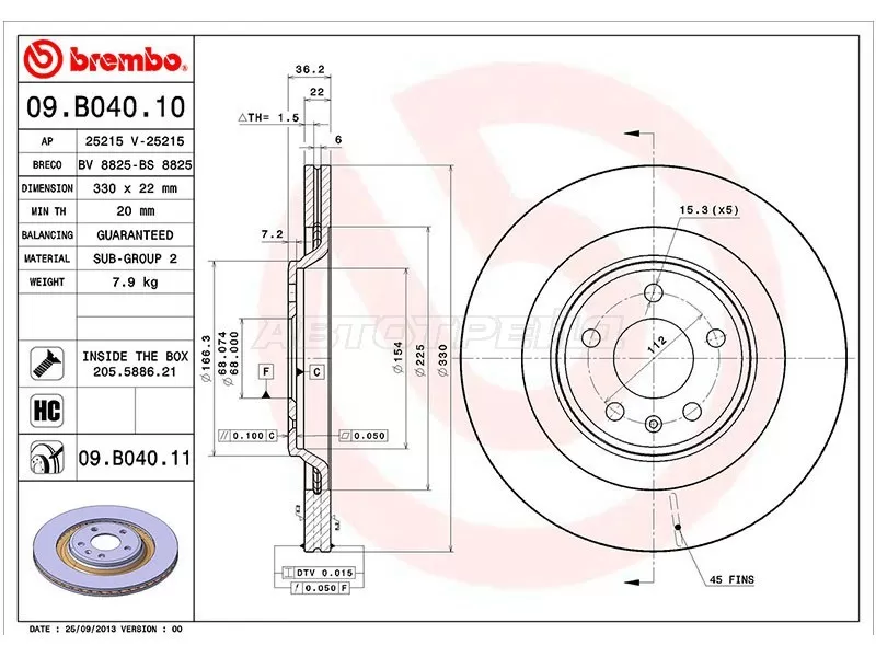 Диск тормозной (Сзади) Audi A4 08-  / A5 07-  / A6 10-18  / A7 10-18  / Volkswagen Touareg 18-  / Audi A4 allroad quattro 09-16  / A6 allroad quattro 12-19  / S4 08-16  / S5 07- (BREMBO: 09.B040.11)