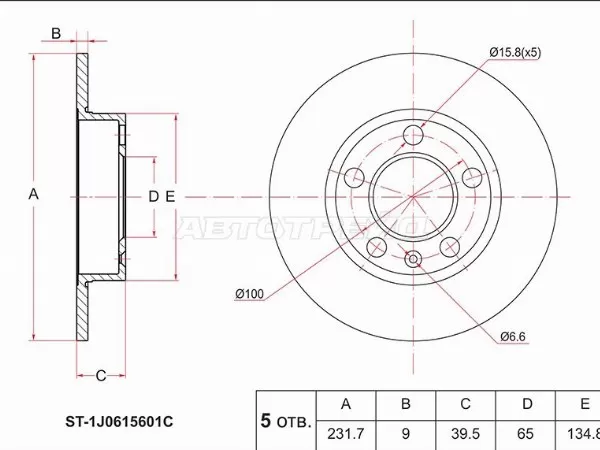 Диск тормозной (Зад) Audi A3 96-03  / Skoda Octavia 96-10  / Rapid 12-20  / Volkswagen Golf 97-17  / Jetta 98-05  / Polo 01-22  / Audi A1 10-18  / A2 99-05  / S3 96-03  / SEAT Cordoba 03-09  / Ibiza 02-15  / Leon 98-06  / Skoda Fabia 99-18  / Roomster 06-10  / Volkswag (SAT: ST-1J0615601C)