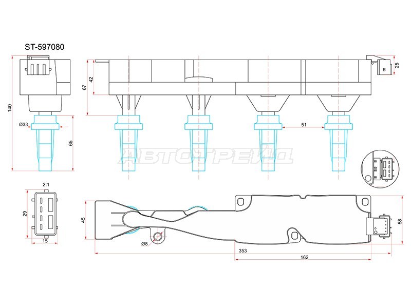 Катушка зажигания PEUGEOT 1007 05-10 /206 00-08 /207 06-12 /307 02-10 /CITROEN C3 00-09 /C4 04- (модуль) (SAT: ST-597080)