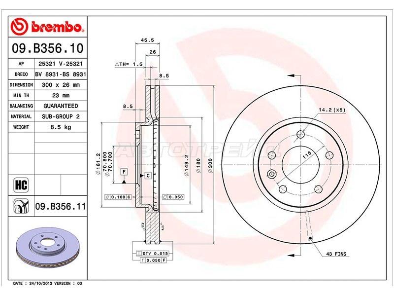 Диск тормозной (Спереди) Chevrolet Cruze 12-15  / Opel Astra 09-15  / Zafira 11-16 (BREMBO: 09.B356.10)